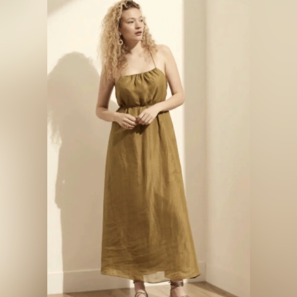 Banana Republic Ramie Gathered Maxi Dress Size Small Mustard NWT #700327